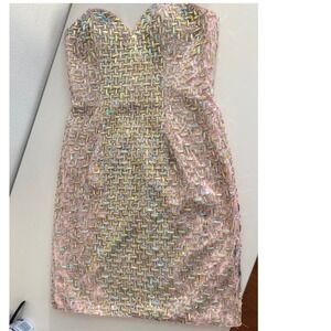 Terani Couture Iridescent Beaded Strapless Mini Dress Pink Sweetheart Cocktail